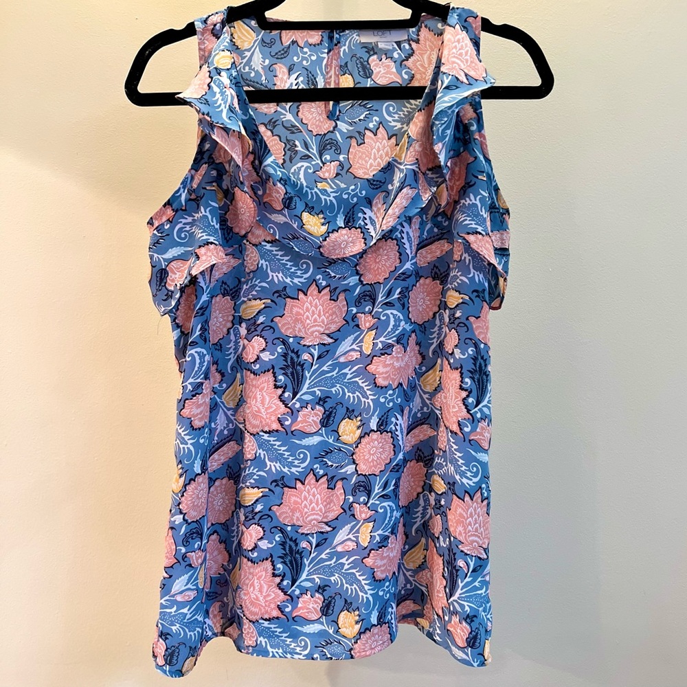 LOFT Medium Sleeveless Floral Blue, Pink & Yellow Design Blouse w/ Ruffled Neck